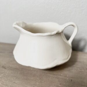 Vintage White Ceramic Creamer Pitcher Scalloped Rim Farmhouse Style EUC-Read